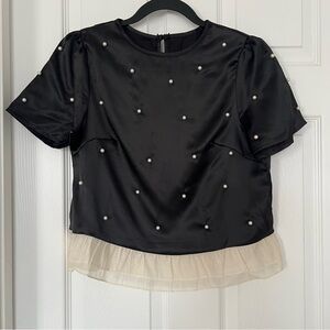 SHEIN Black Top with Pearl Details and Cream Ruffle